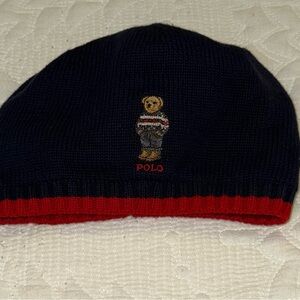 Ralph Lauren Navy and Red Beanie with Bear Motif